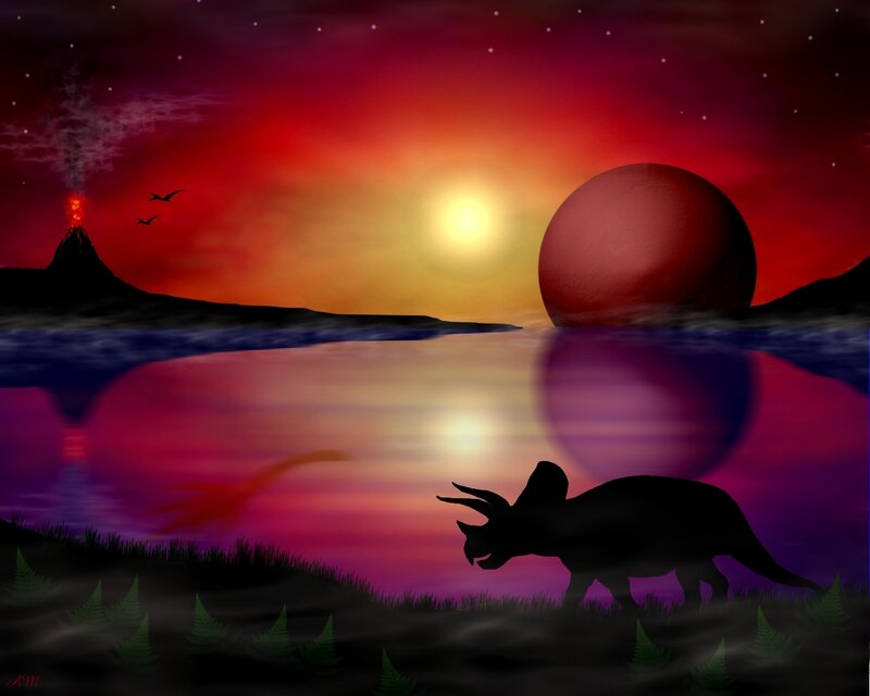 Dinosaur sunset landscape