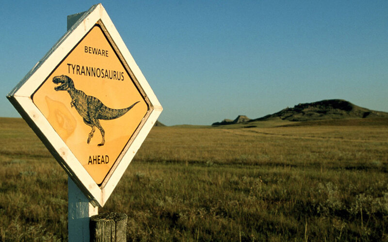 Dinosaur warning sign in field