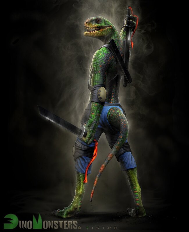 dinosaur warrior with swords