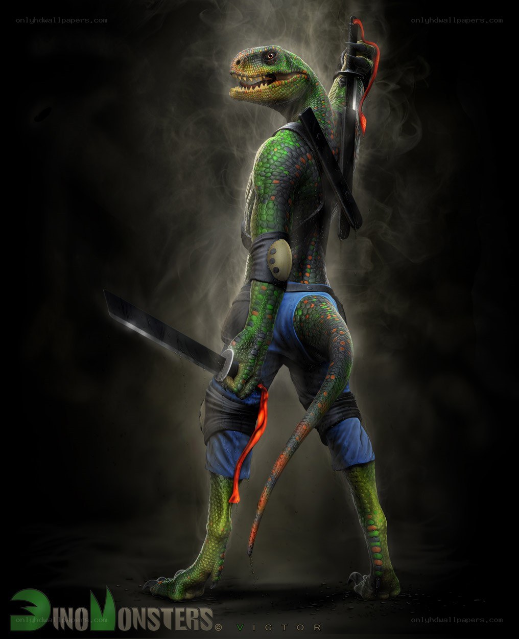 dinosaur warrior with swords