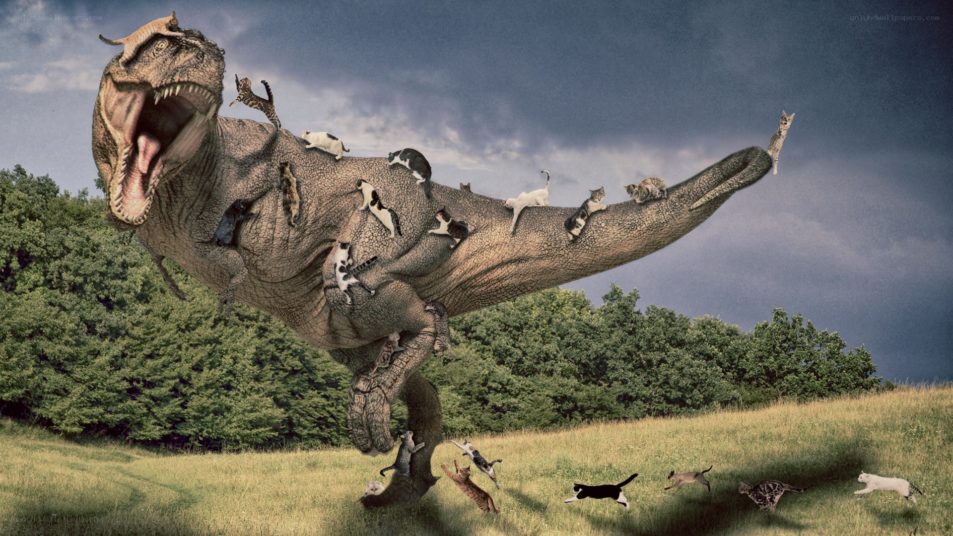 Dinosaur with cats on its back