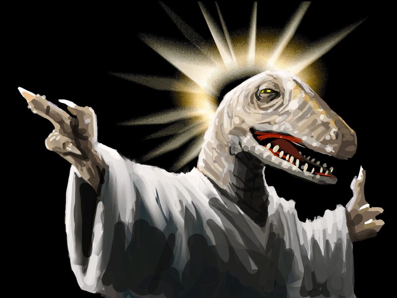 dinosaur with halo and robe