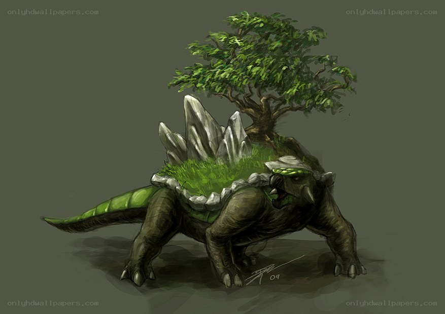 dinosaur with tree on back