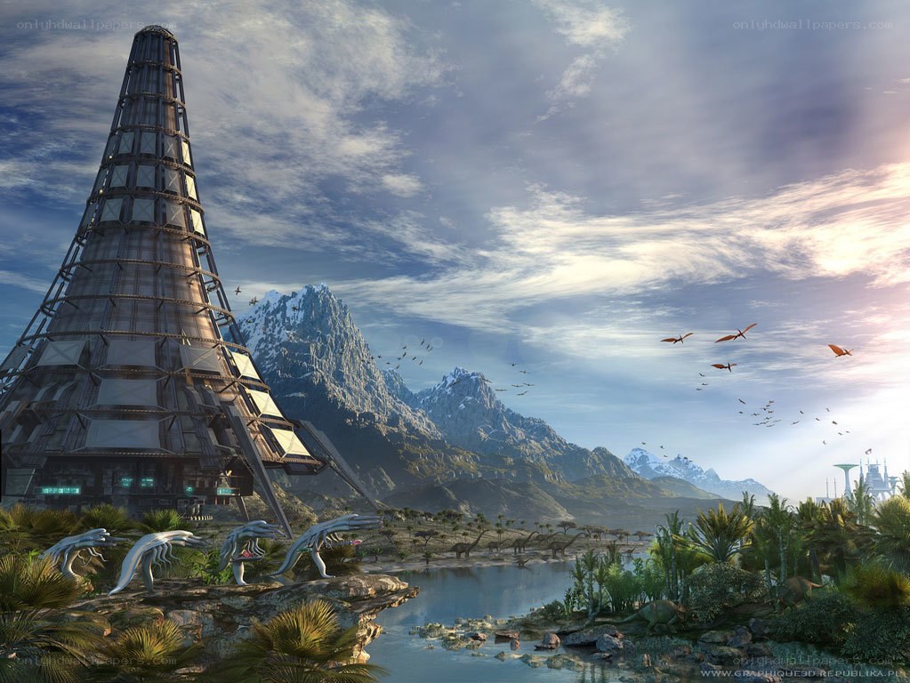 Dinosaur world with futuristic tower