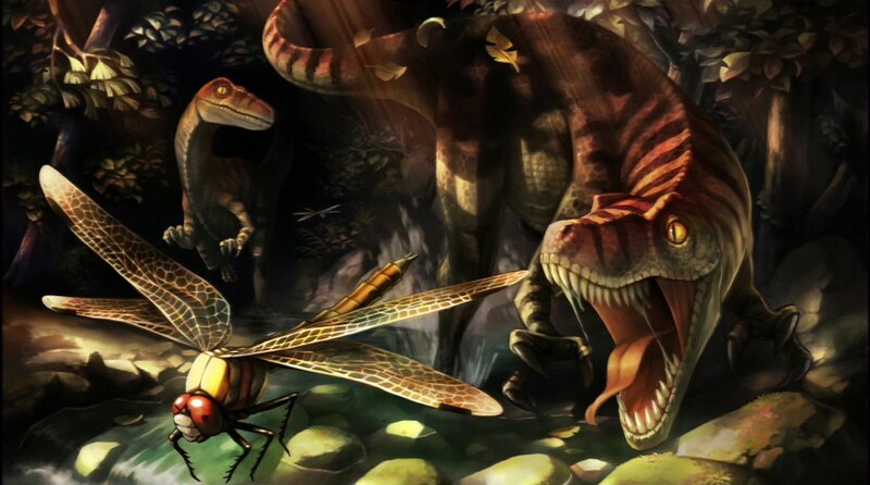 Dinosaurs and a giant dragonfly