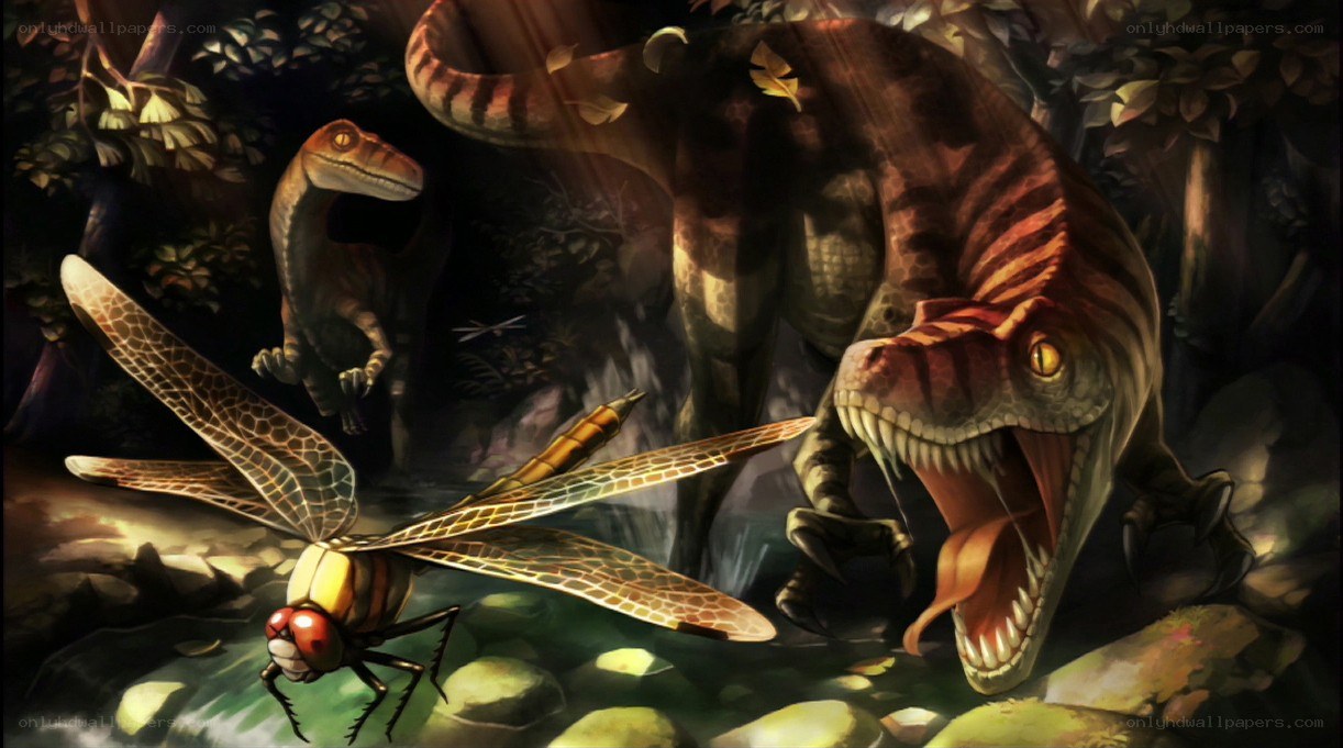 Dinosaurs and a giant dragonfly