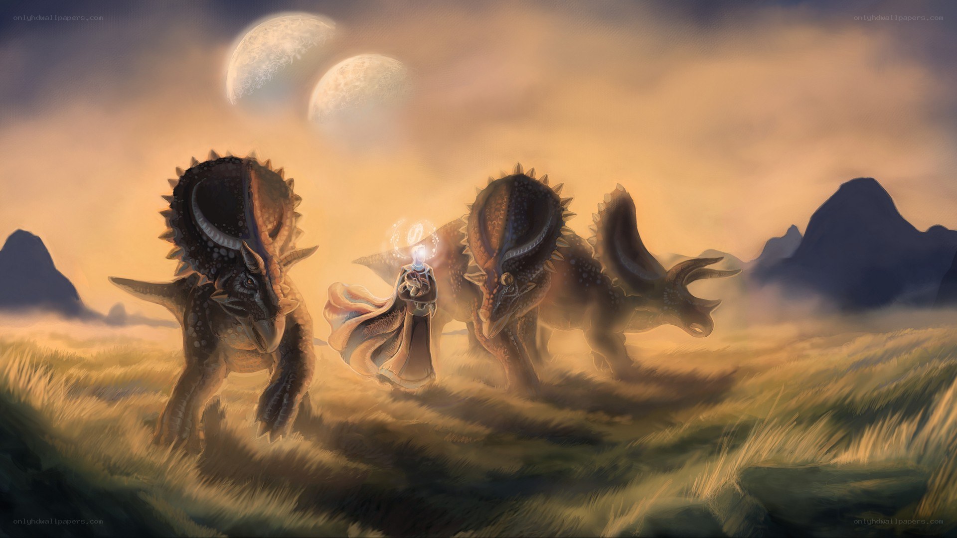 Dinosaurs and a mage in a field