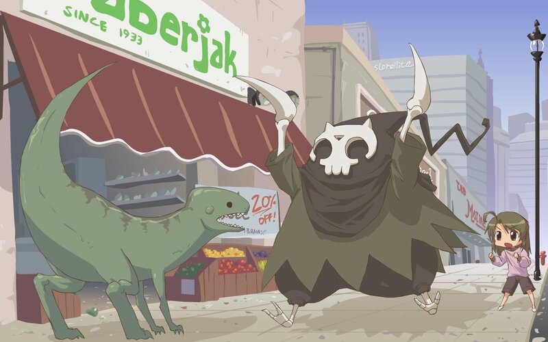 Dinosaurs and a skeleton on the street