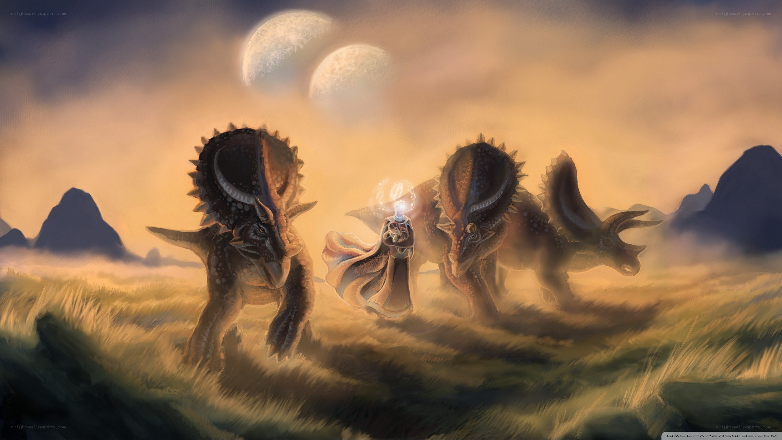 Dinosaurs and a wizard in a field