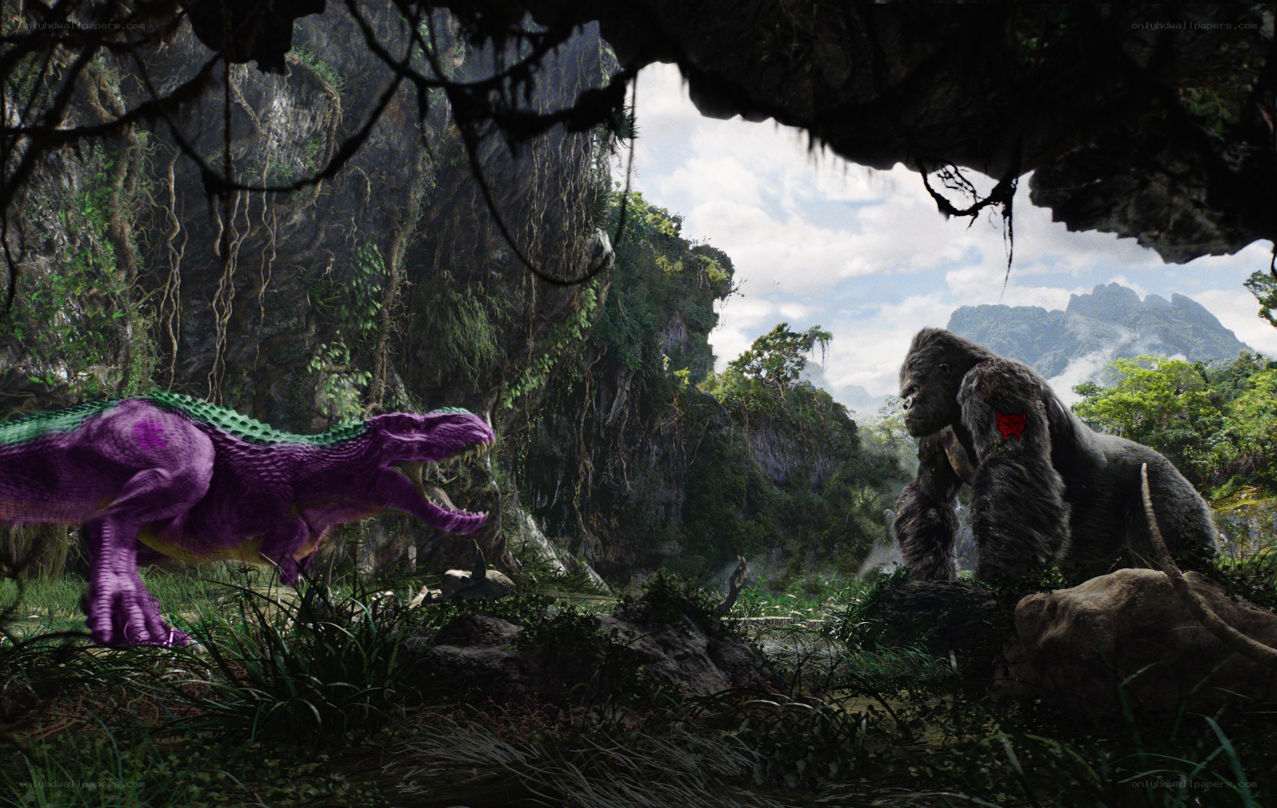 Dinosaurs and gorilla in jungle
