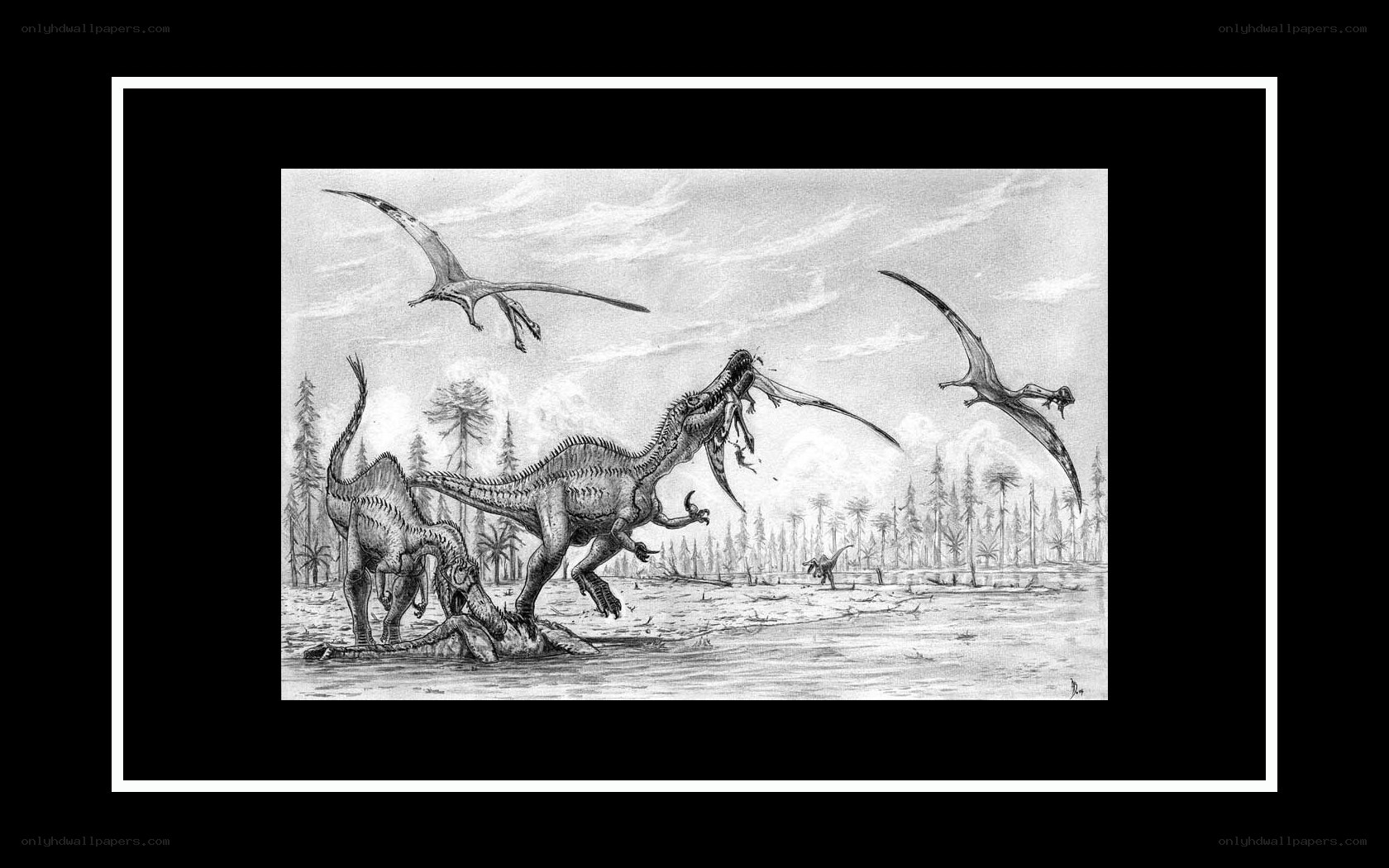 Dinosaurs and pterosaurs in prehistoric scene
