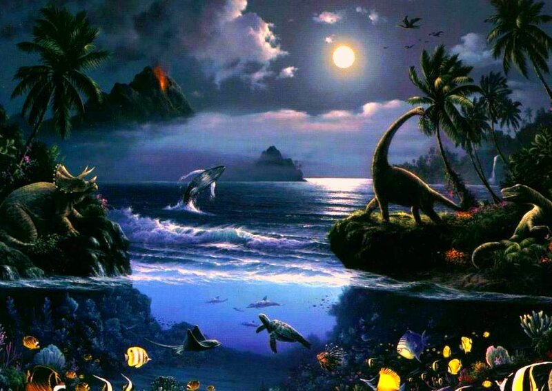 Dinosaurs at a moonlit beach