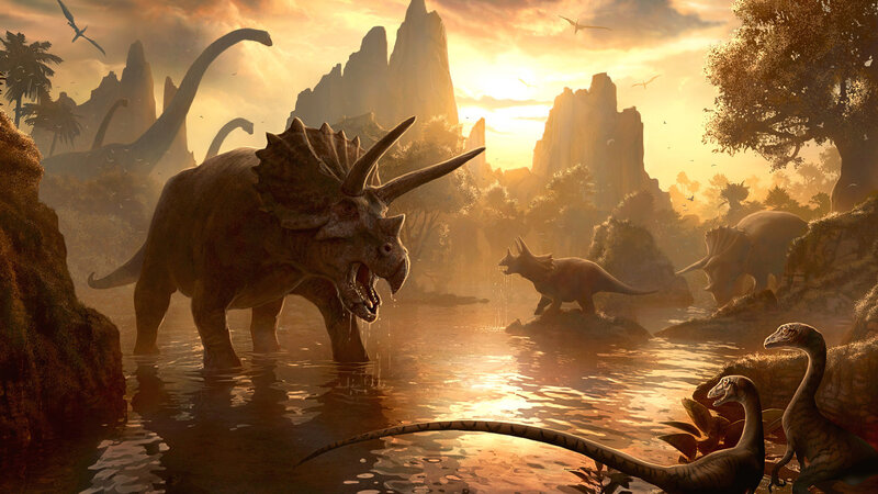 Dinosaurs at a prehistoric watering hole