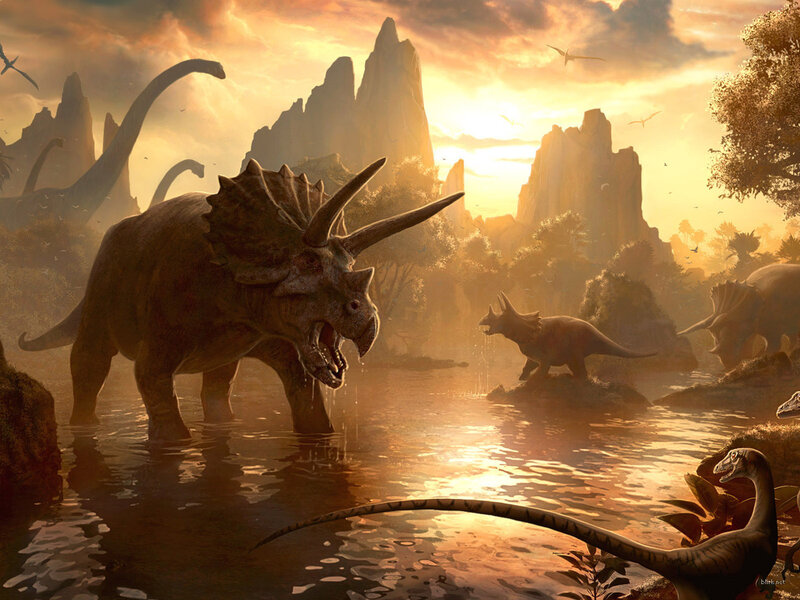 Dinosaurs at a prehistoric watering hole