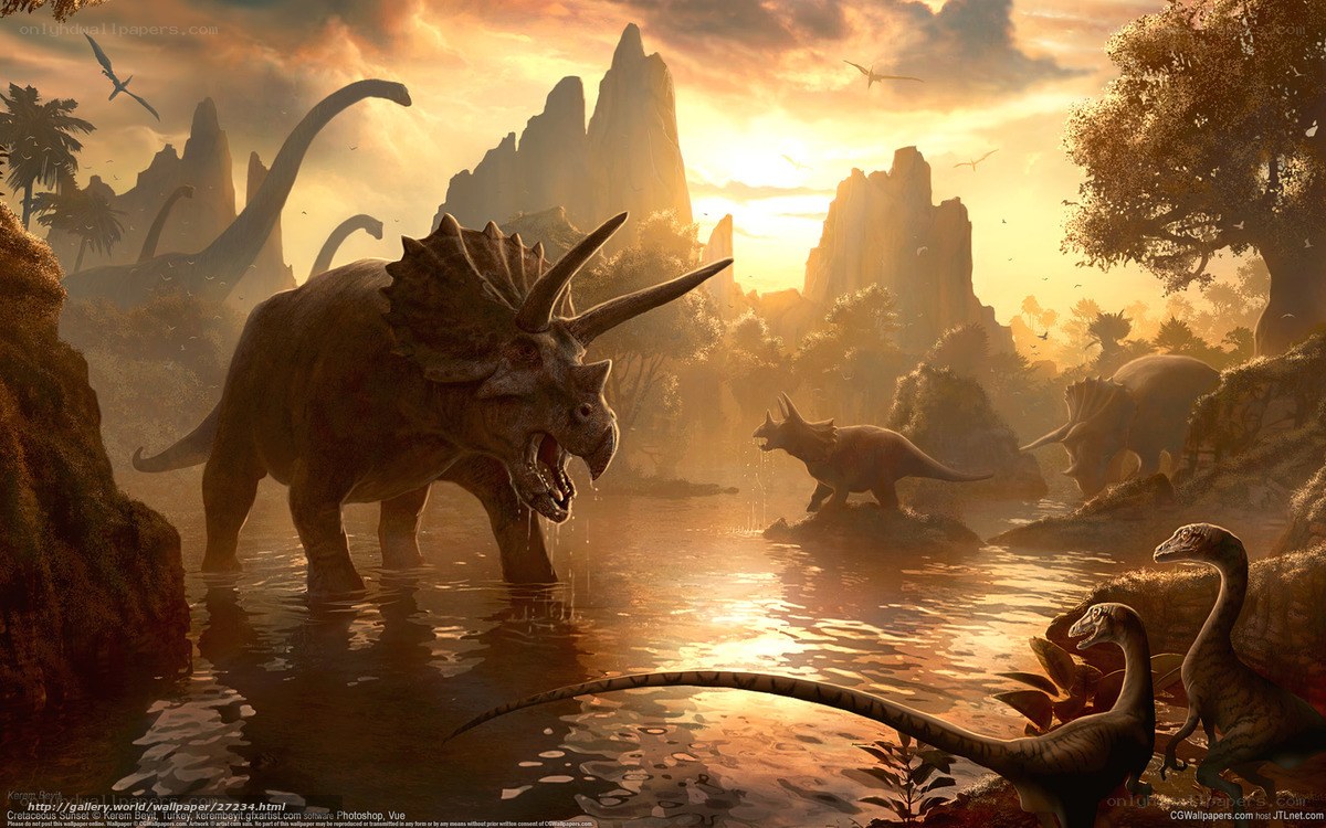 Dinosaurs at a prehistoric watering hole