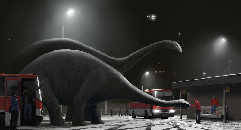 Dinosaurs at Bus Stop