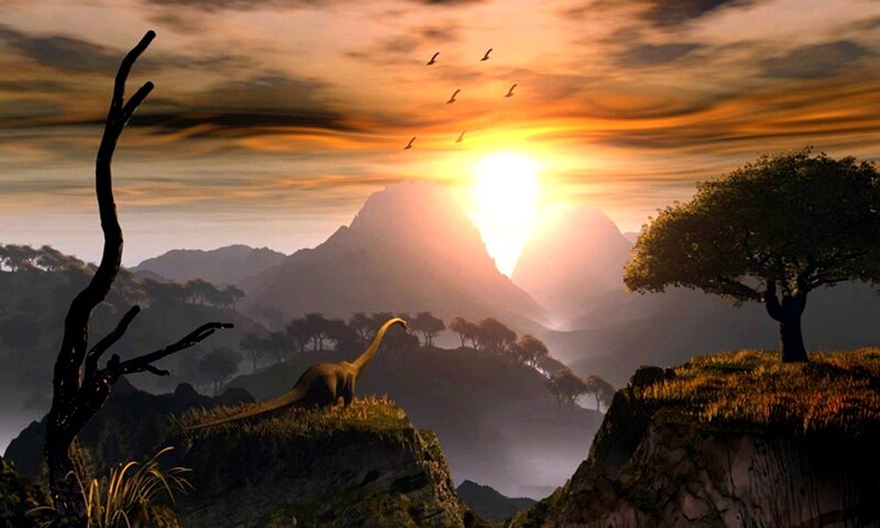 Dinosaurs at sunset