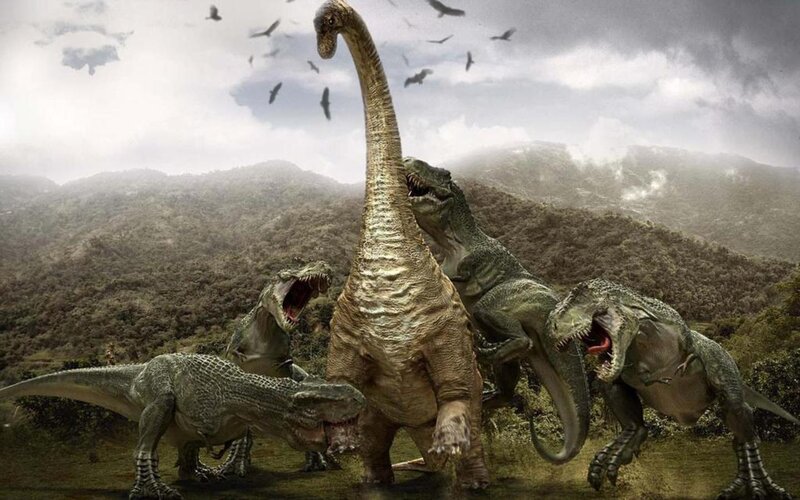 Dinosaurs attacking a sauropod