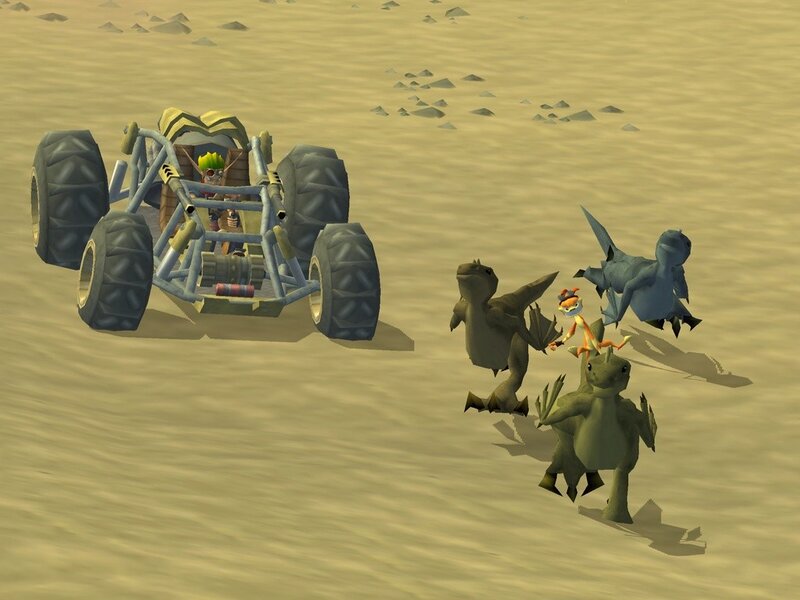 Dinosaurs chasing a vehicle