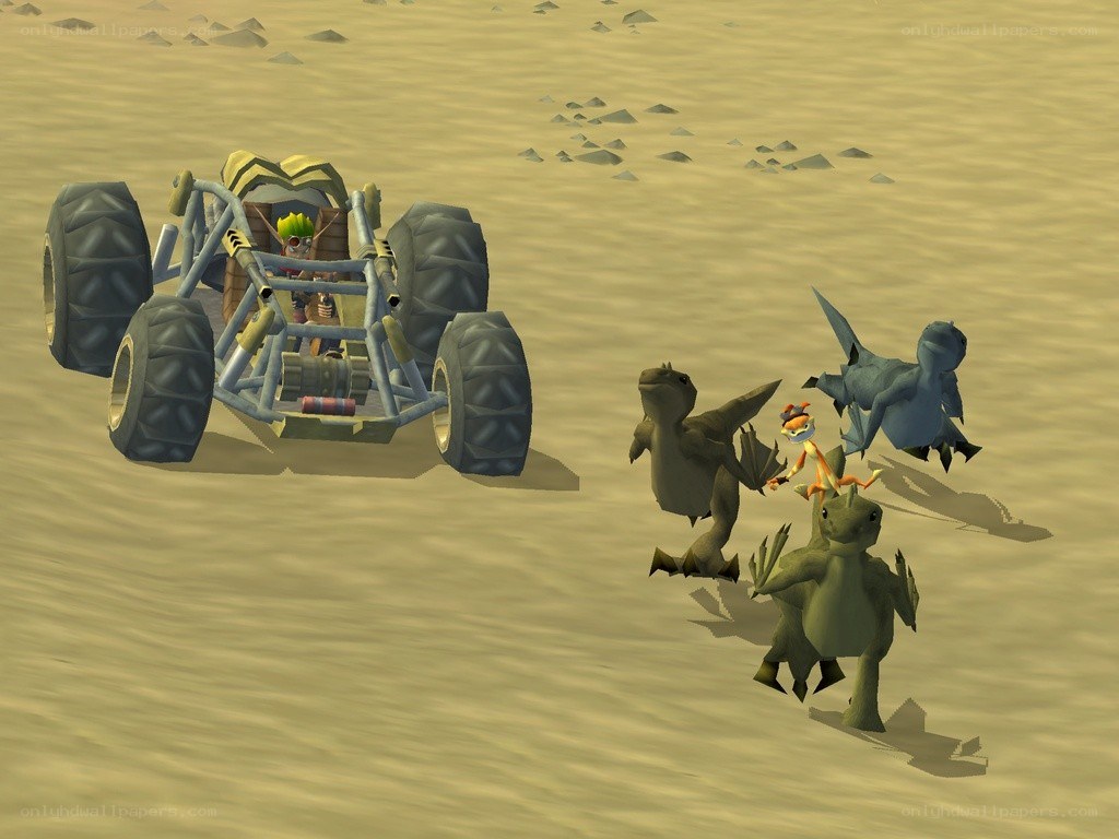 Dinosaurs chasing a vehicle