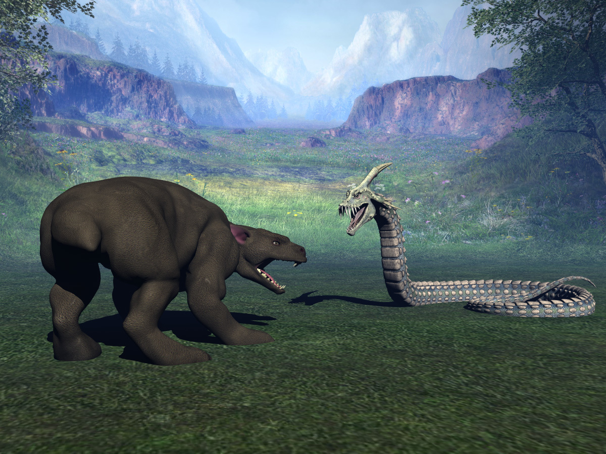 Dinosaurs facing off in a valley