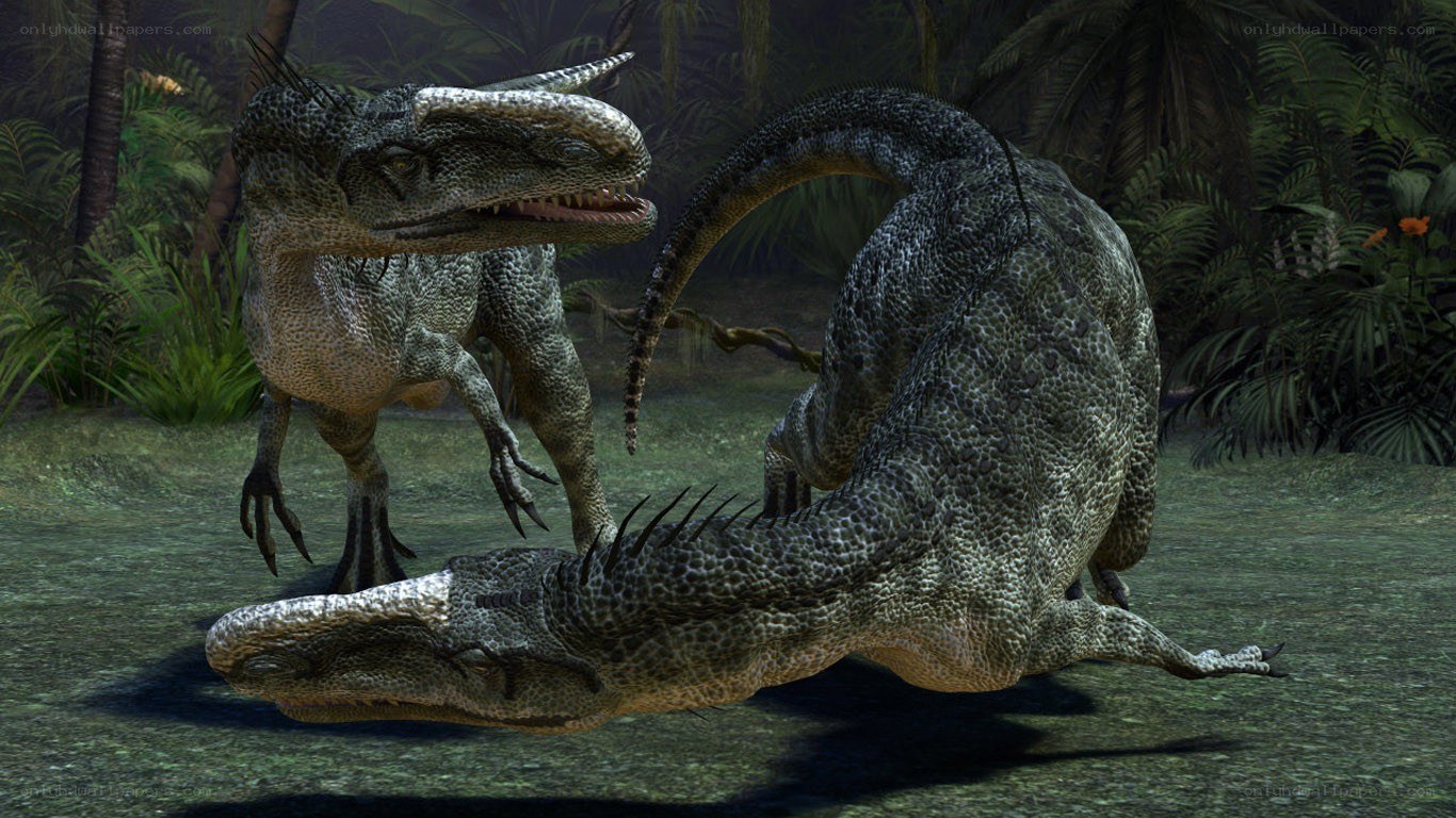 Dinosaurs fighting in jungle