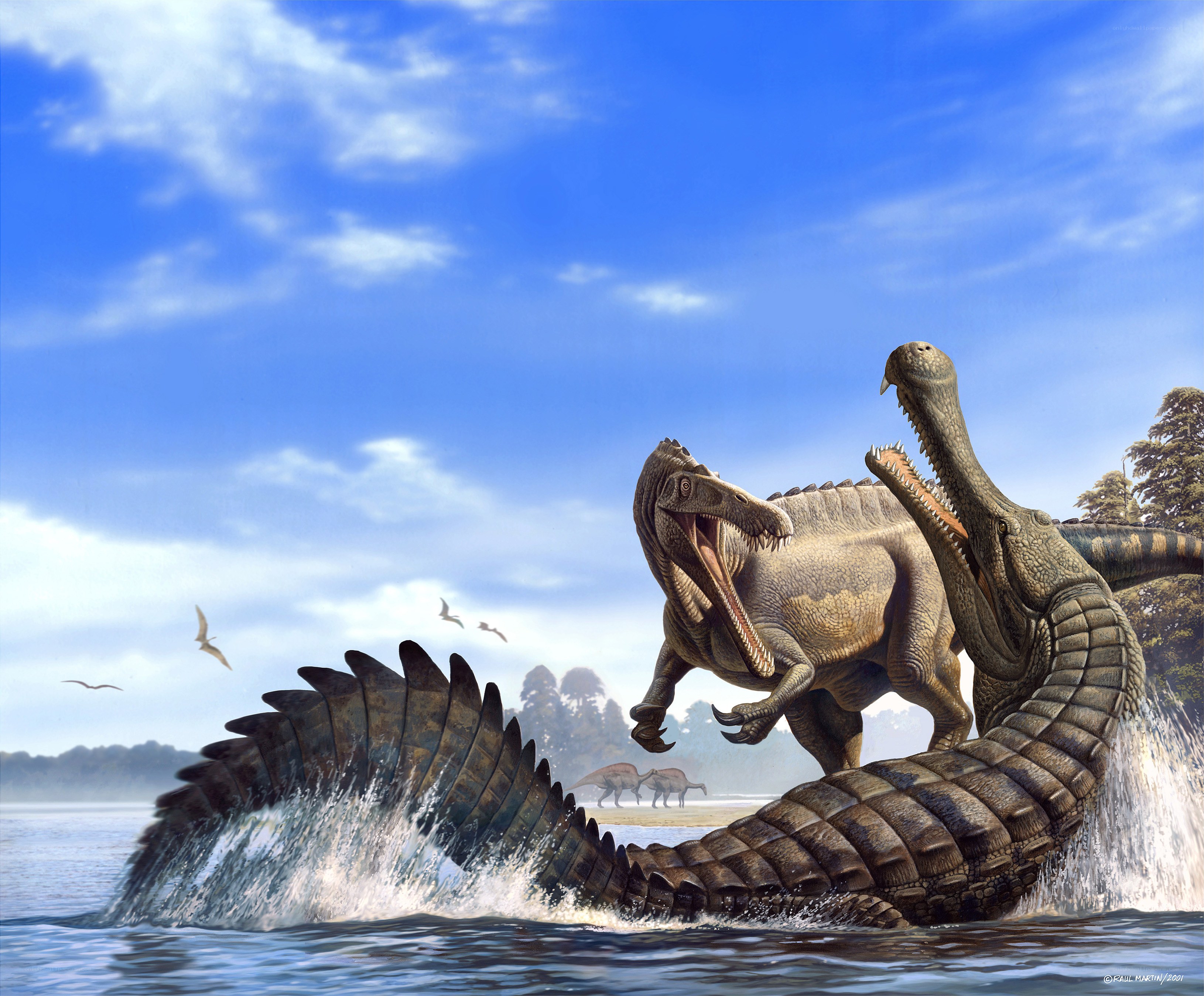 Dinosaurs fighting in prehistoric river