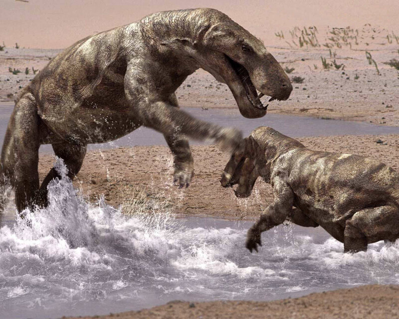 Dinosaurs fighting in water
