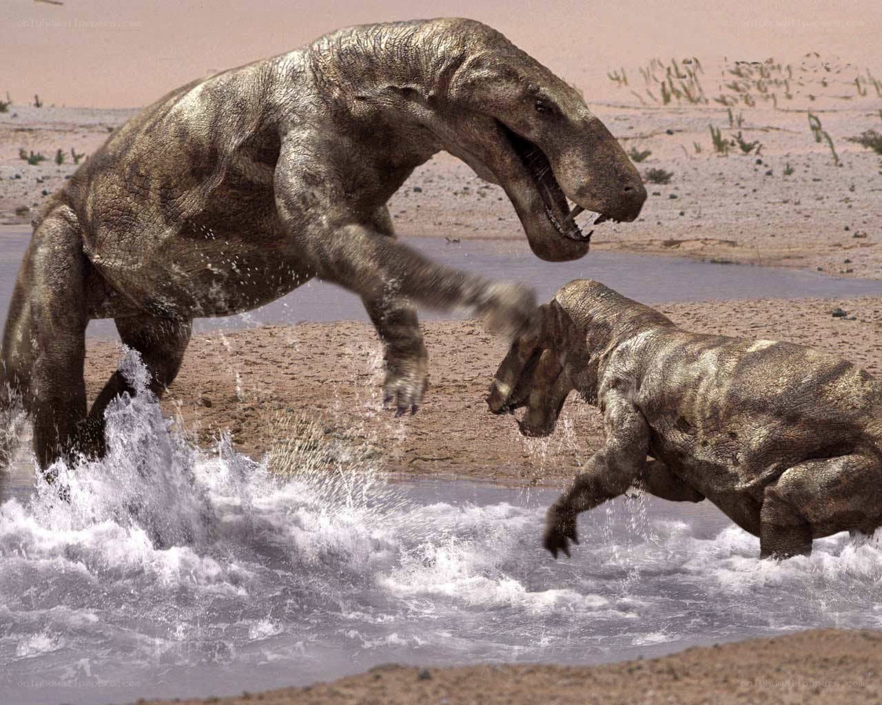 Dinosaurs fighting in water