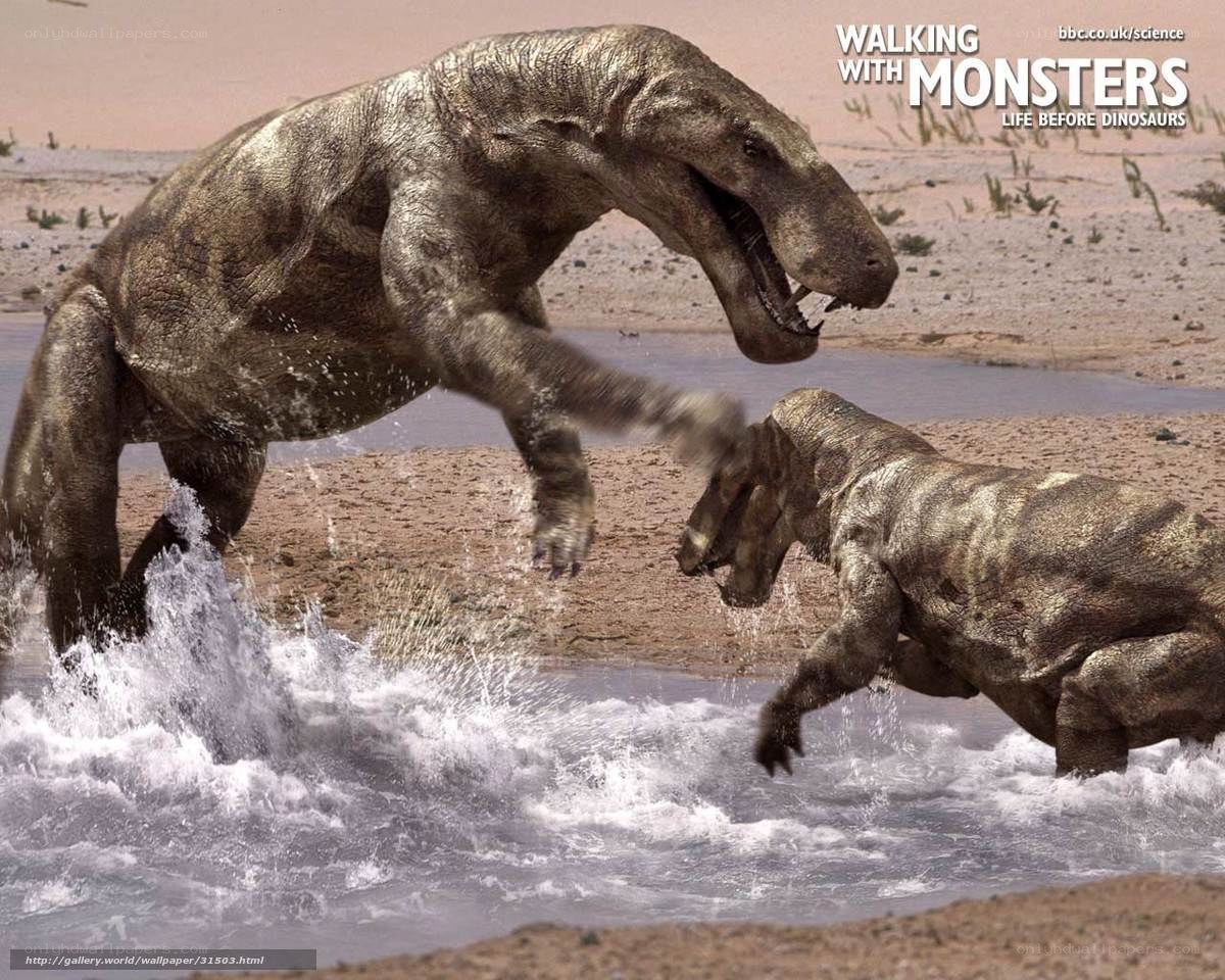 Dinosaurs fighting in water