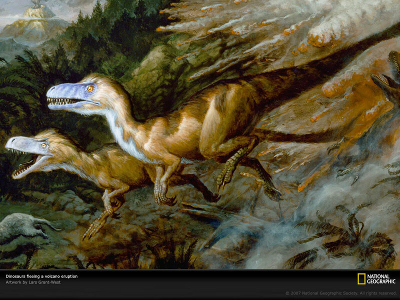 Dinosaurs Fleeing Eruption — Brown