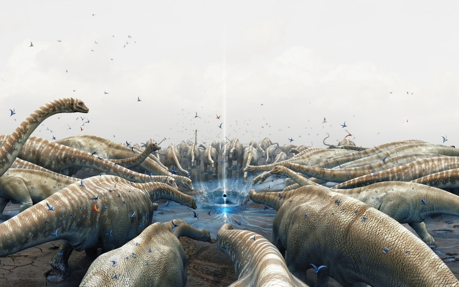 Dinosaurs gather at a water source