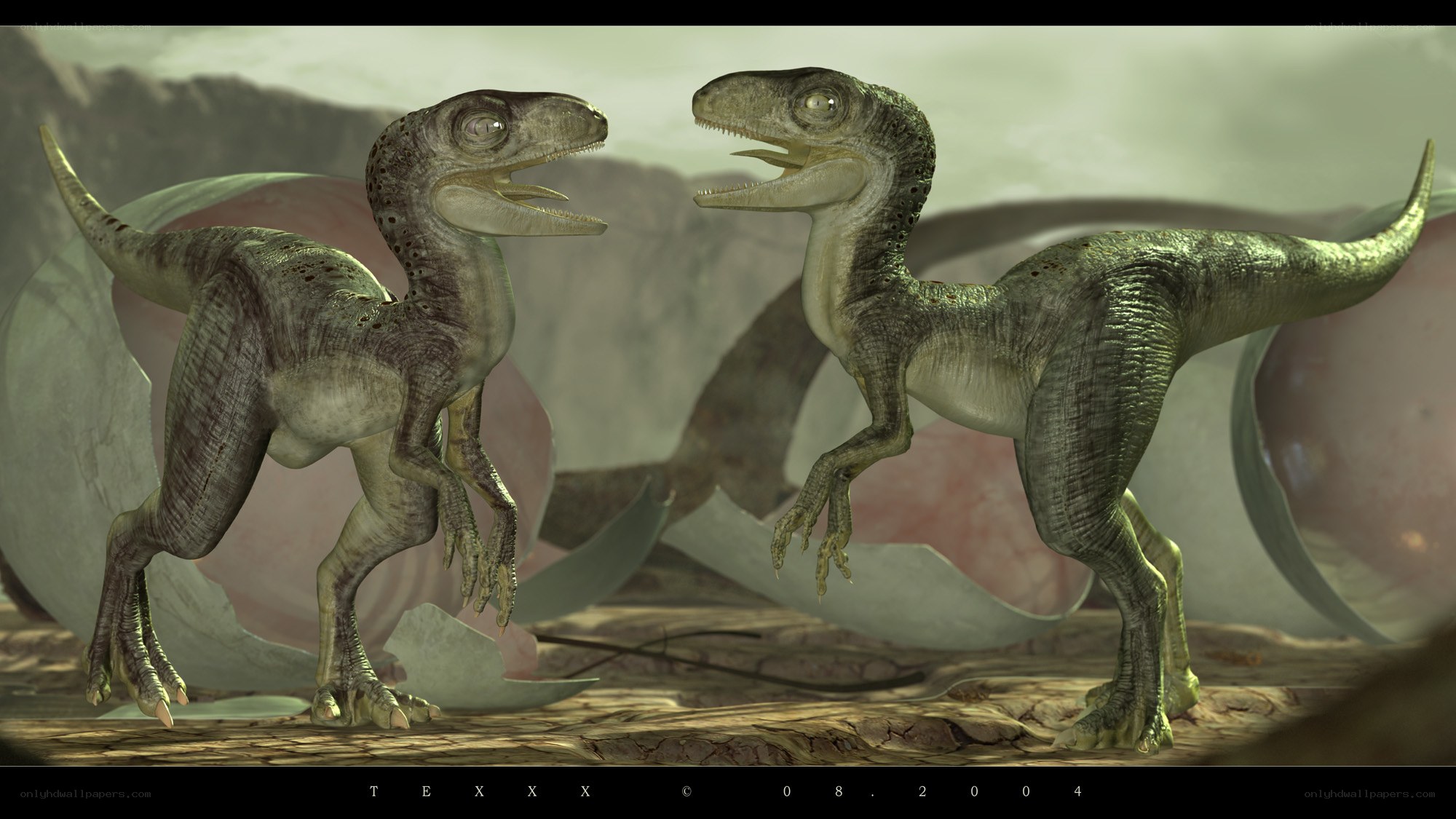 Dinosaurs hatching from eggs