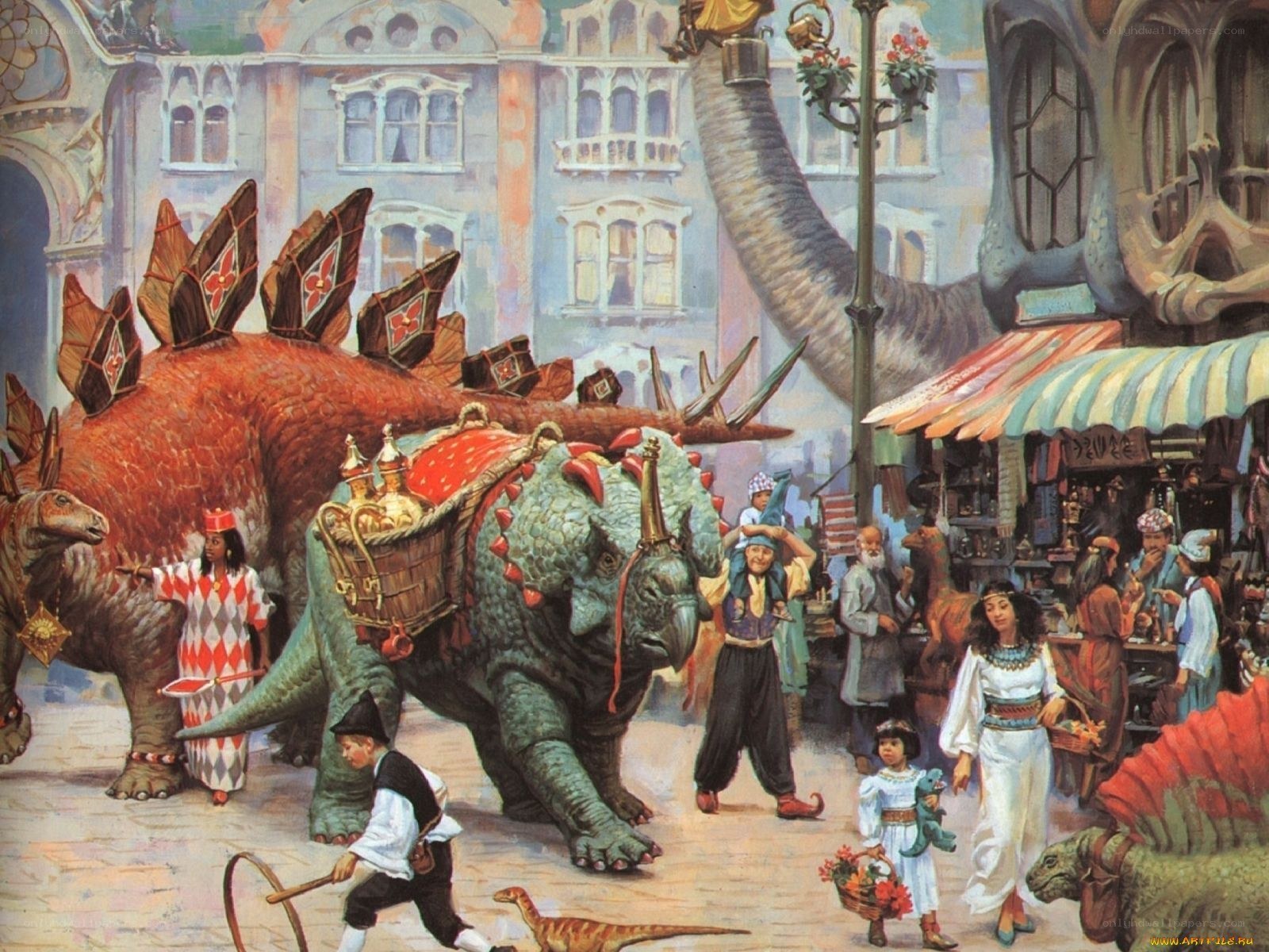 Dinosaurs in a bustling city