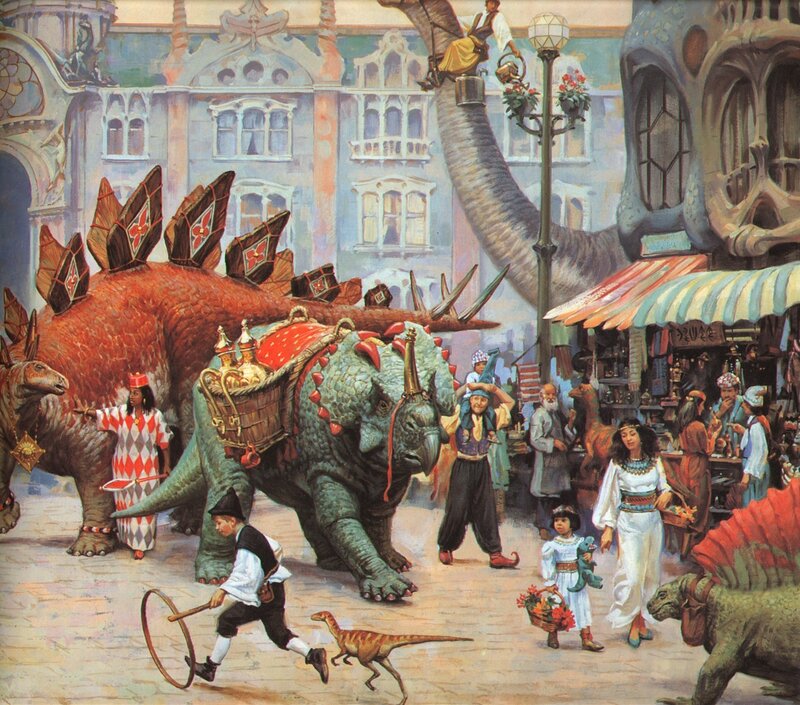 Dinosaurs in a bustling city