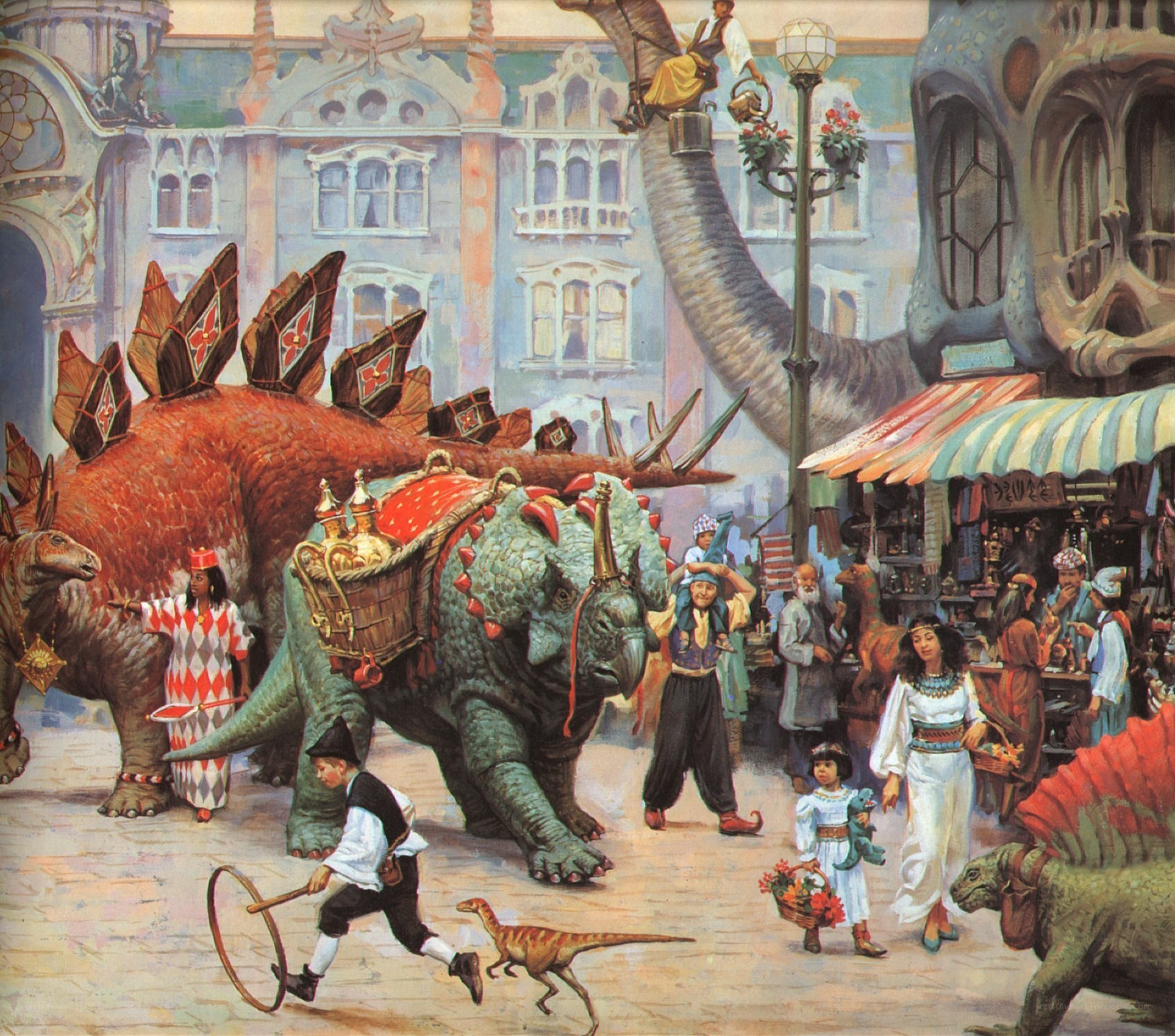 Dinosaurs in a bustling city