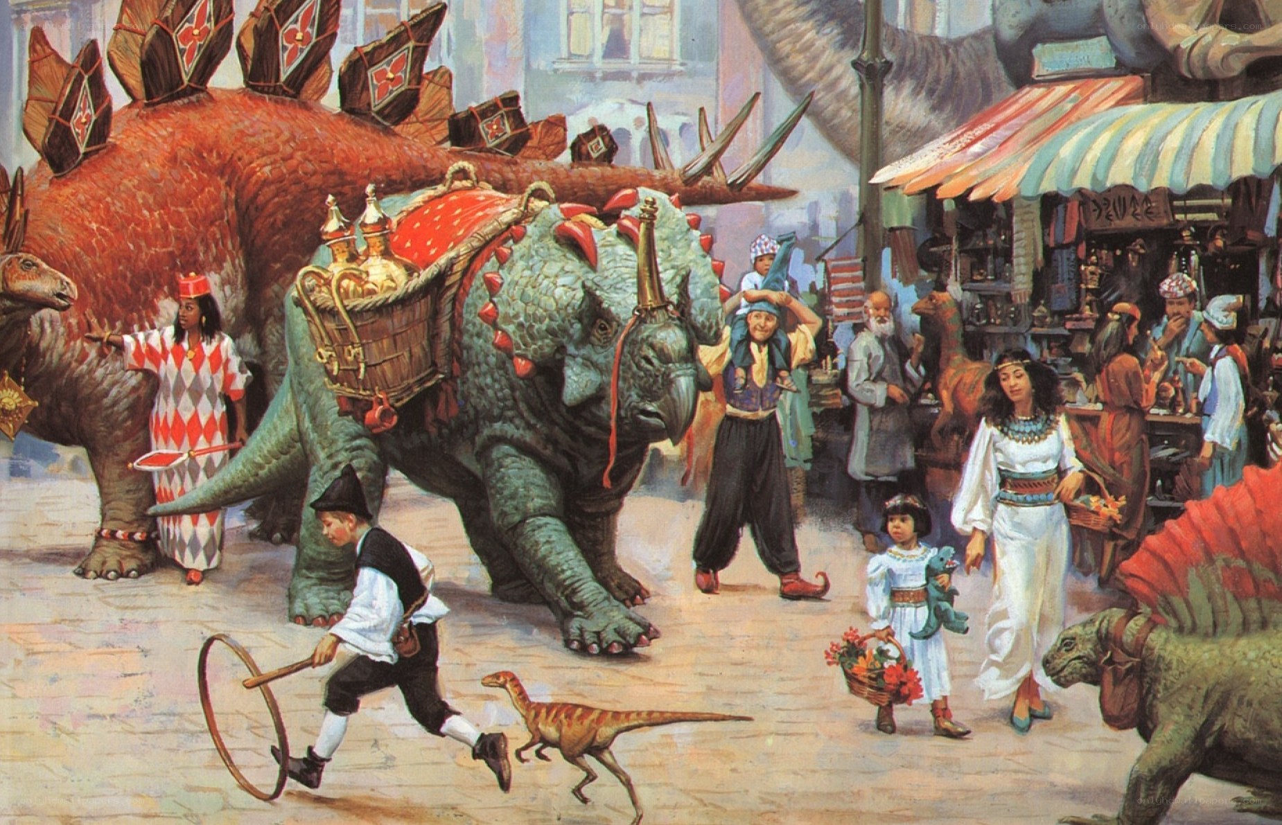 Dinosaurs in a bustling market