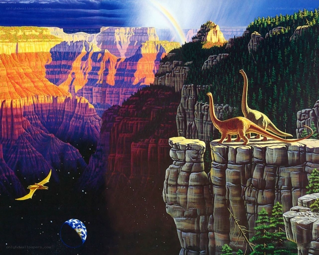 Dinosaurs in a canyon landscape