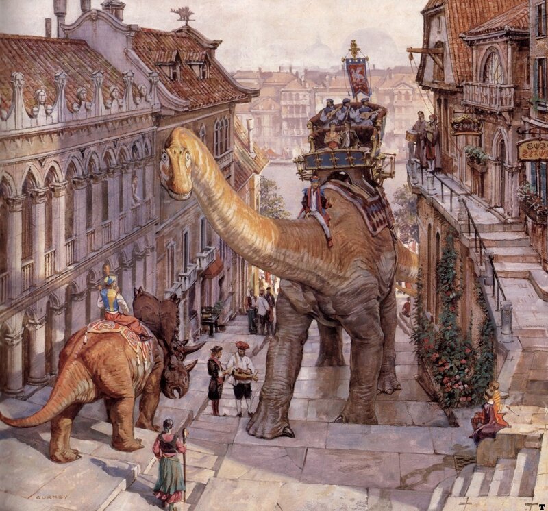 Dinosaurs in a city street