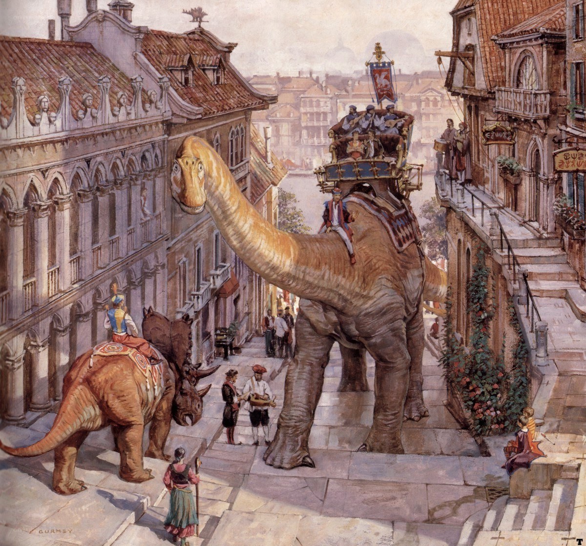 Dinosaurs in a city street