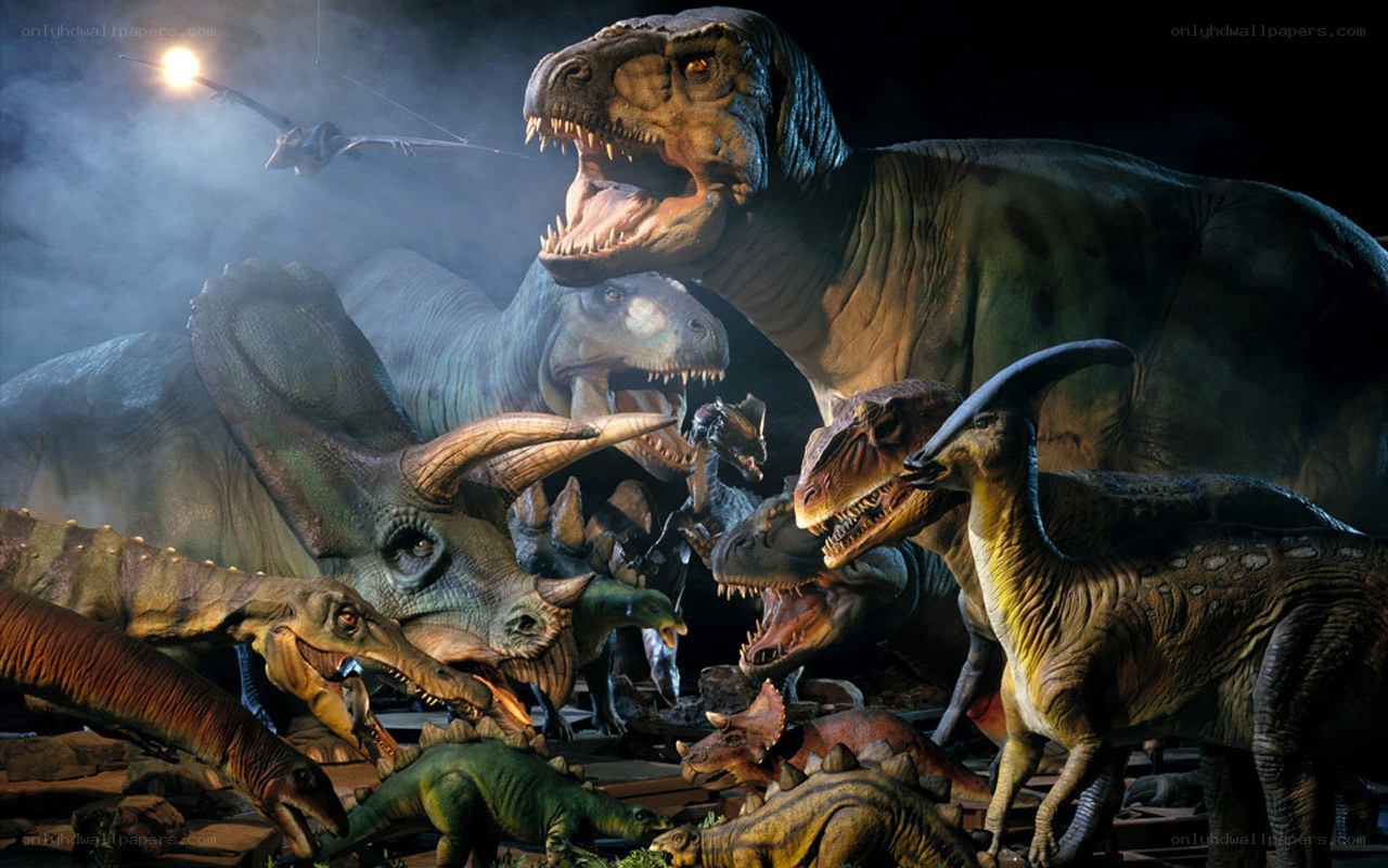 Dinosaurs in a dark scene