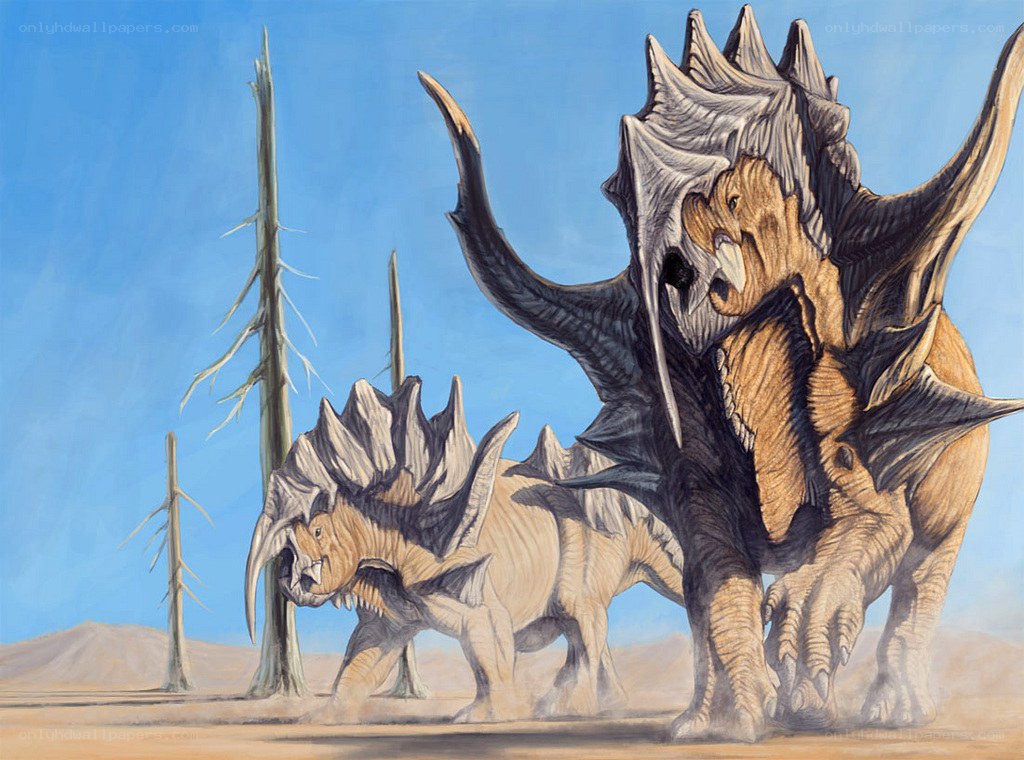 Dinosaurs in a desert landscape