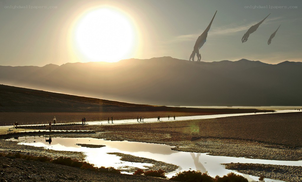Dinosaurs in a desert landscape