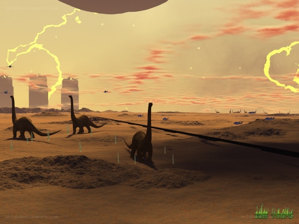 Dinosaurs in a desert landscape