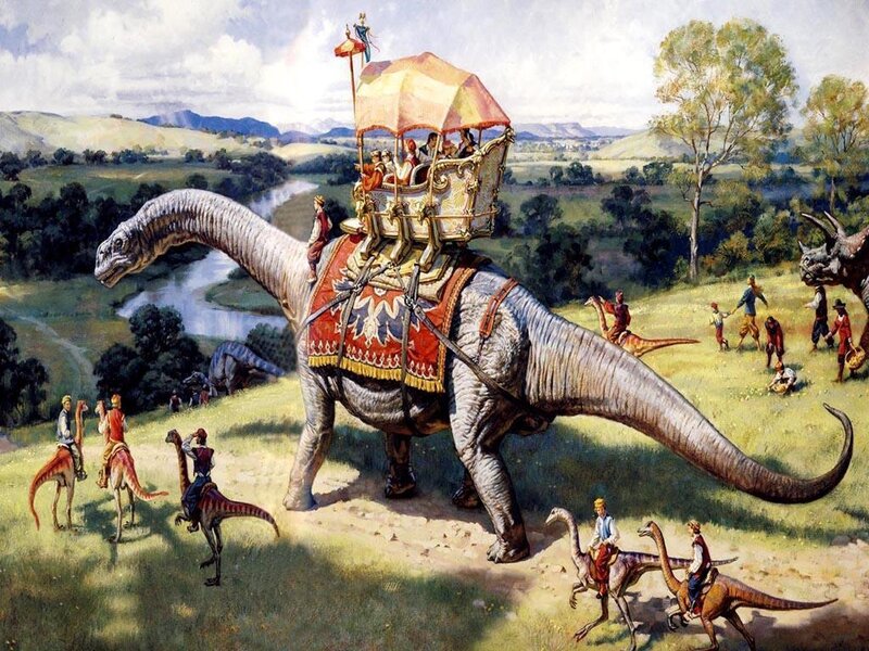 Dinosaurs in a fantasy landscape