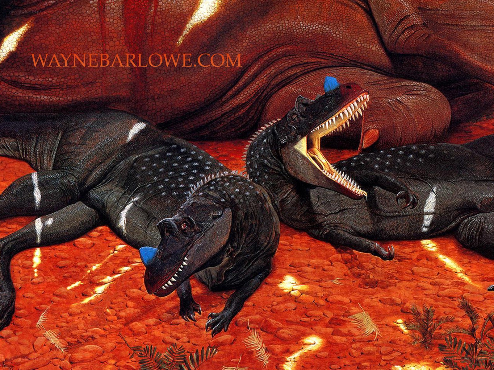 Dinosaurs in a fiery landscape