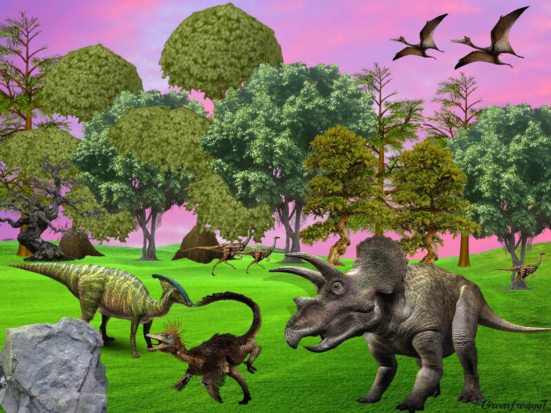 Dinosaurs in a Forest — Green