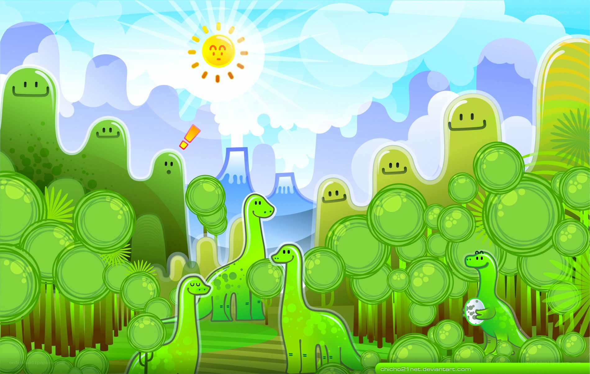 Dinosaurs in a green landscape