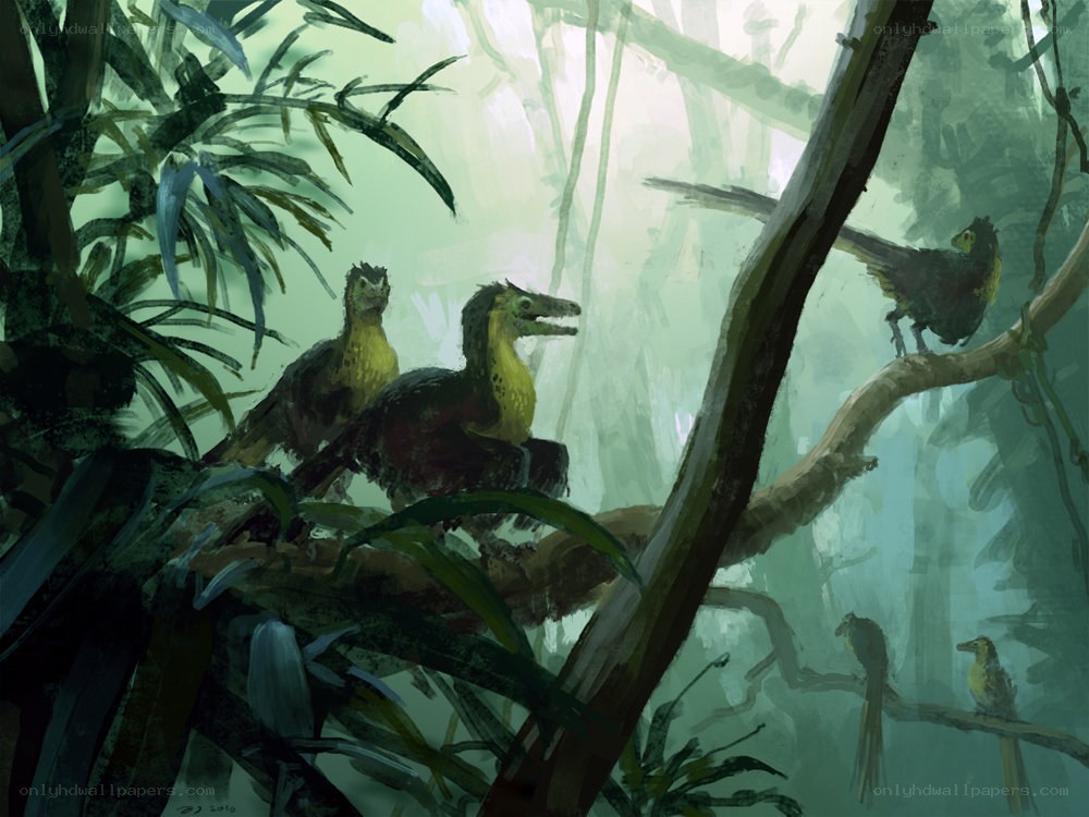 Dinosaurs in a lush forest