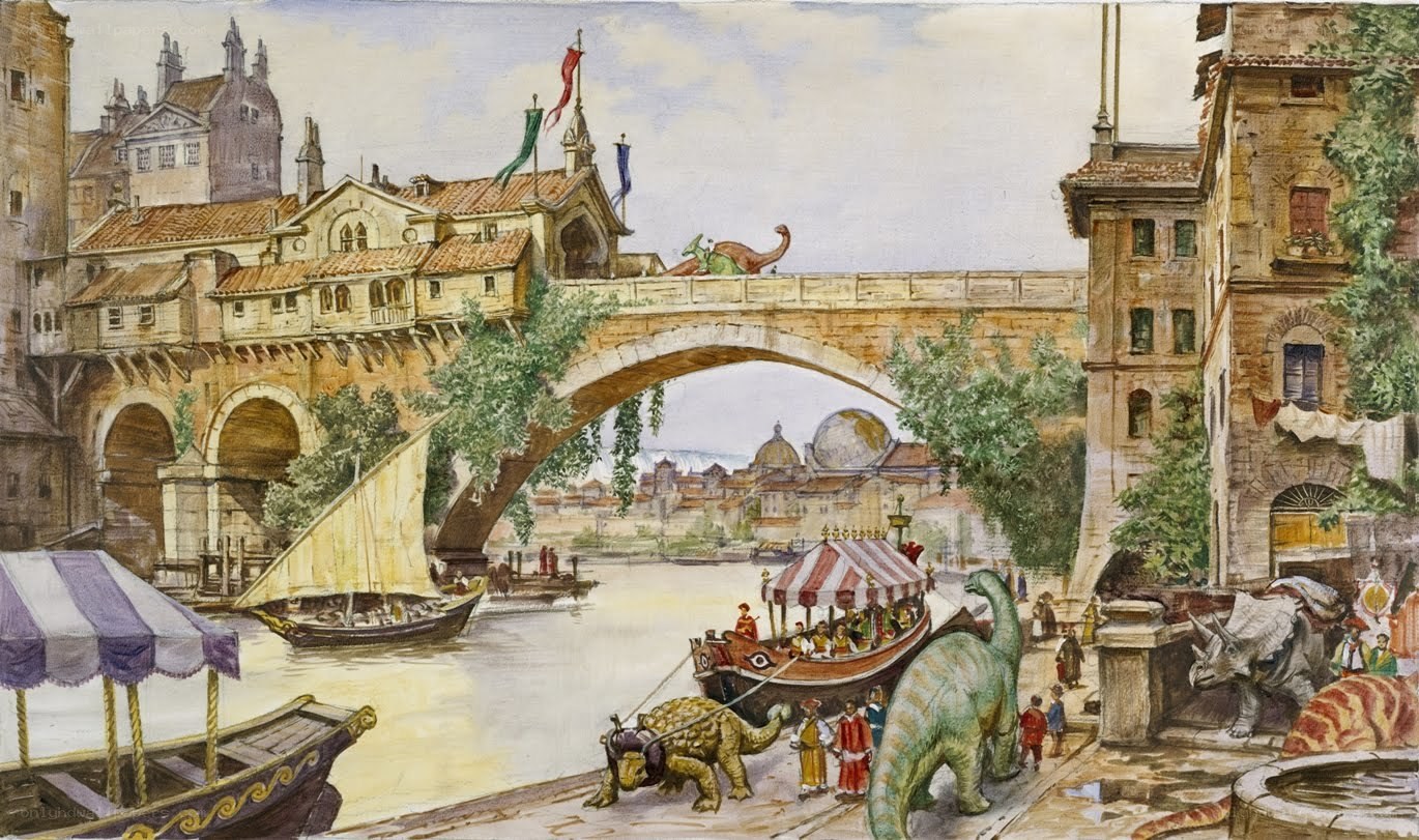 Dinosaurs in a medieval city